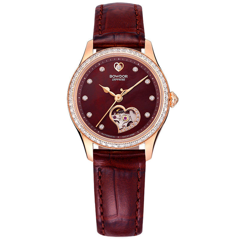 宝舵bowdor手表女款正品专柜时尚透底镂空镶钻酒红色皮带机械表