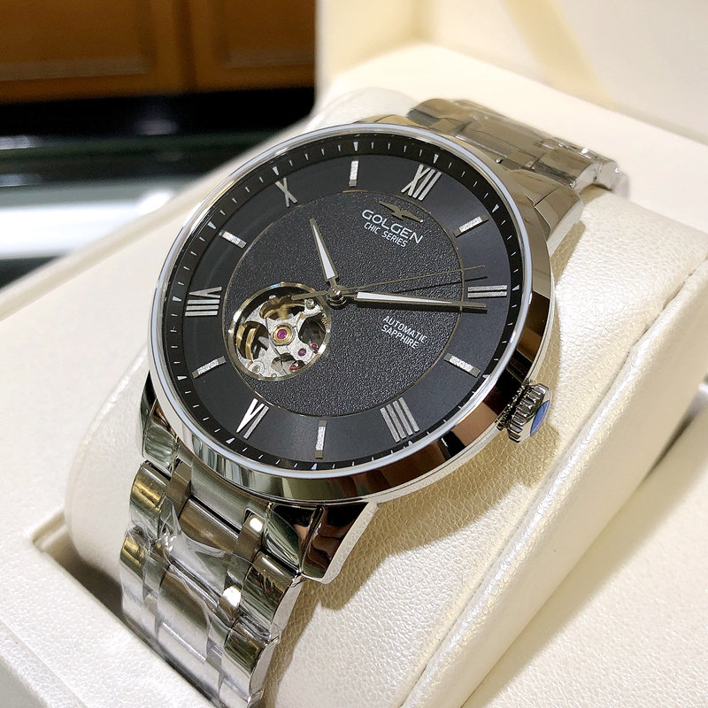 2021新款古尊男士手表机械表精钢黑色镂空时尚国产腕表