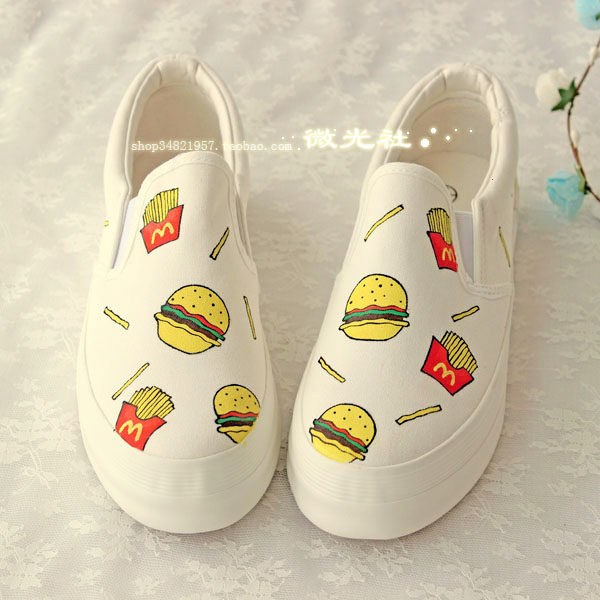 小白鞋夏一脚蹬白色帆布厚底文艺懒人手绘涂鸦帆布鞋