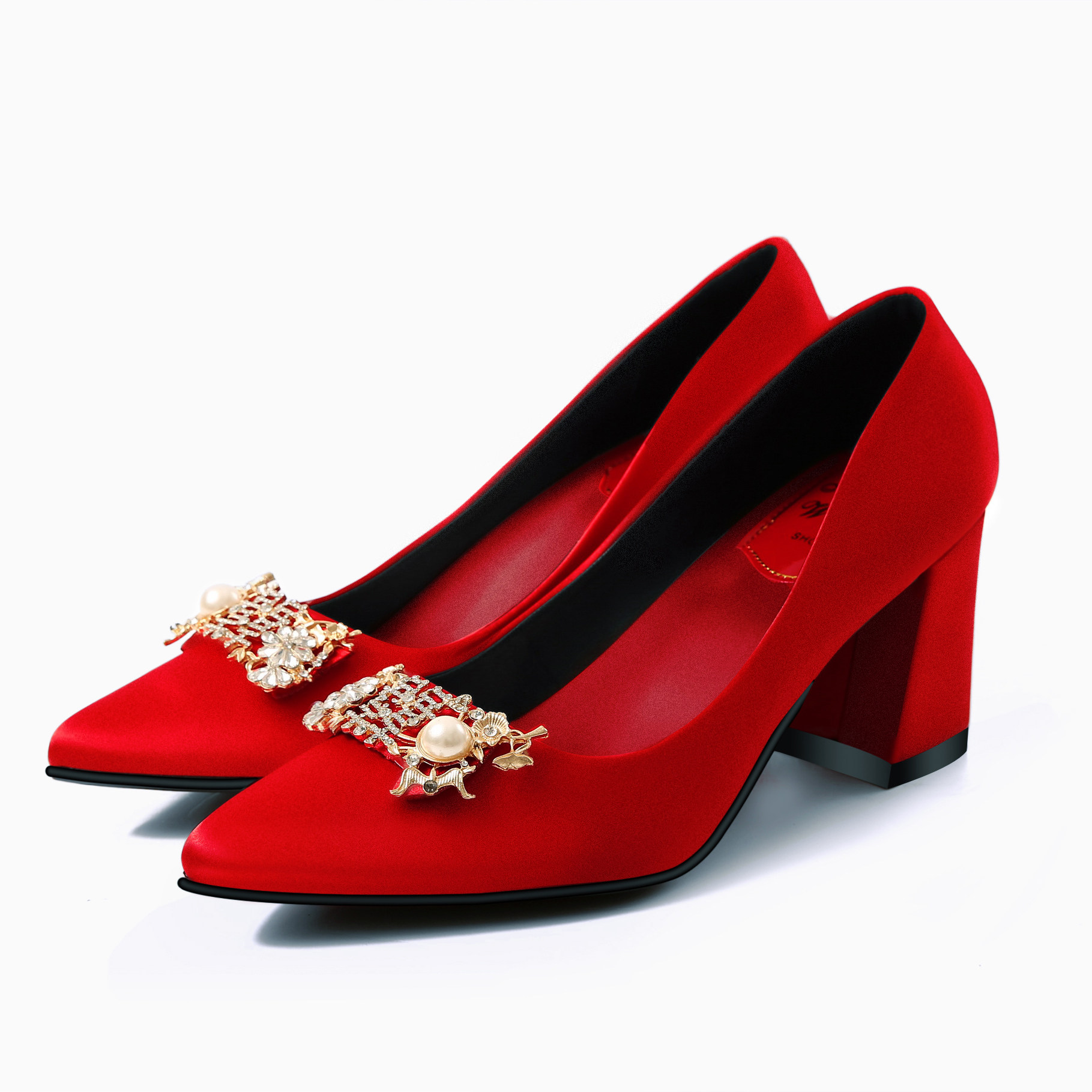 中式婚鞋女粗跟2020新款秀禾服水钻红色高跟鞋结婚鞋子新娘鞋孕妇