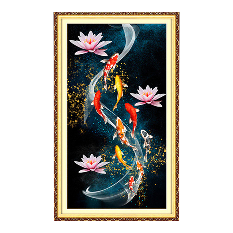 新款绣品棉布棉线三股线绣竖版十字绣九鱼荷花十字绣套件