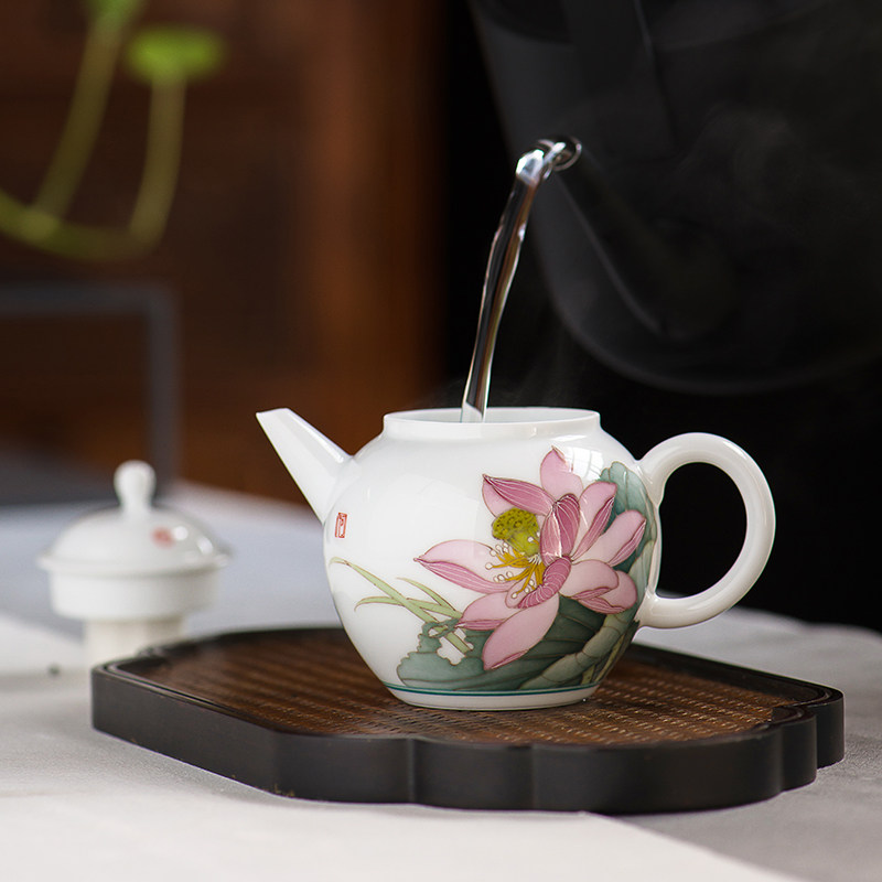 茶壶千红窑釉下彩陶陶瓷家用单壶纯手绘荷花花纹茶壶
