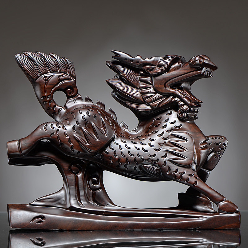 檀木木雕麒麟摆件一对实木木质雕刻神兽家居装饰木雕
