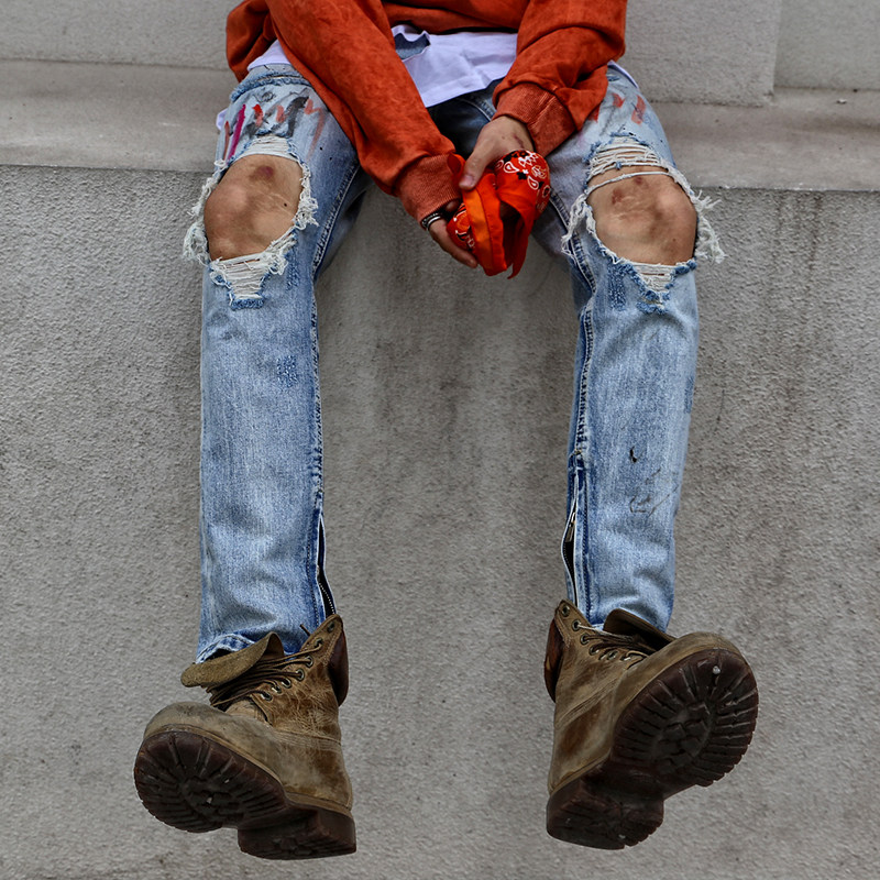 侃爷高街裤子涂鸦蓝色大破破洞破坏牛仔裤男潮牛仔裤