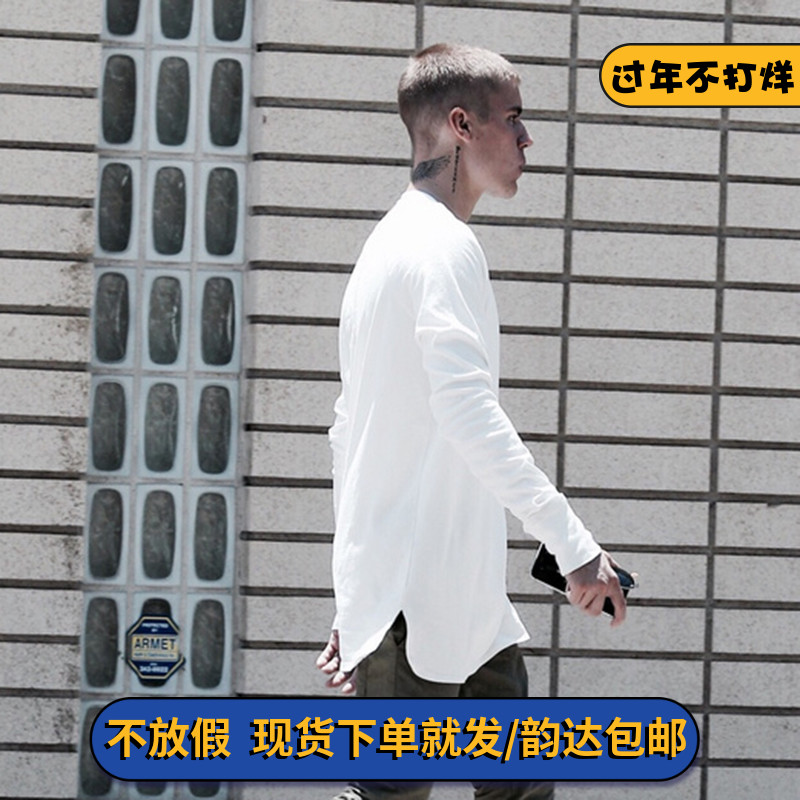 欧美高街前后开叉纯色中长款卫衣打底衫圆弧下摆男女宽松长袖T恤