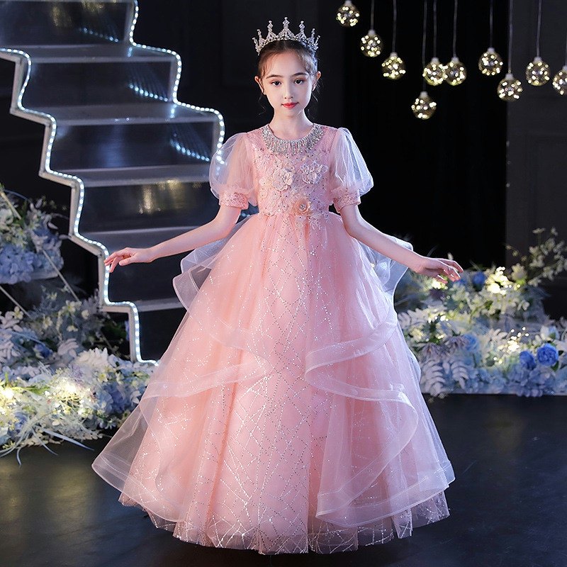 高端长裙粉色连衣裙女童主持人礼服儿童公主中大连衣裙