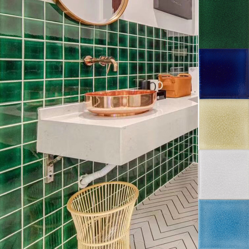 瓷砖手工裂纹绿色卫生间厕所网红面包北欧小白釉面砖