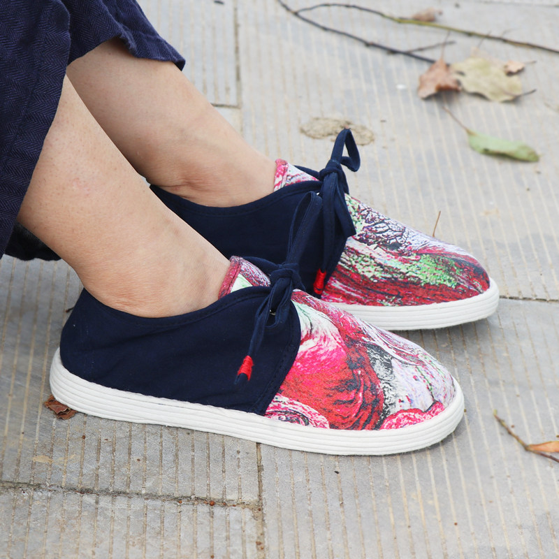 手工原创拼接系带千层布鞋女士春夏复古圆头布鞋