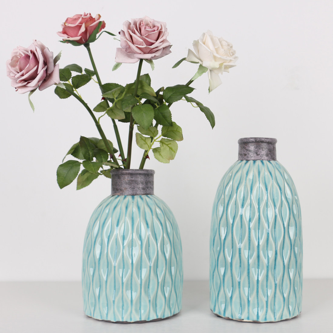 陶瓷美式花瓶仿古做旧釉体插花三件件套客厅花瓶