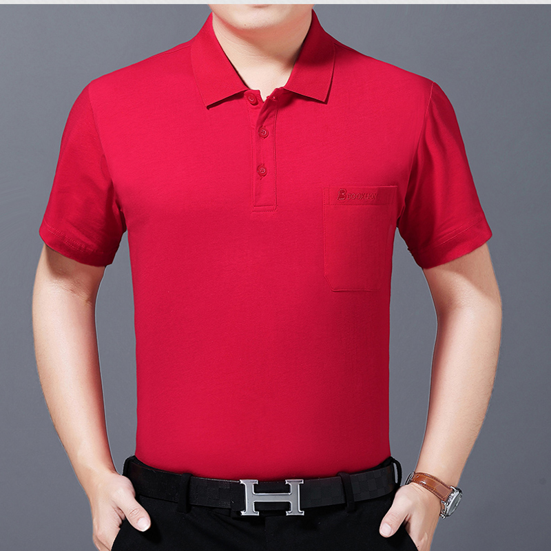 纯棉短袖T恤男士带领有兜口袋爸爸装夏季特价中老年人宽松体恤衫