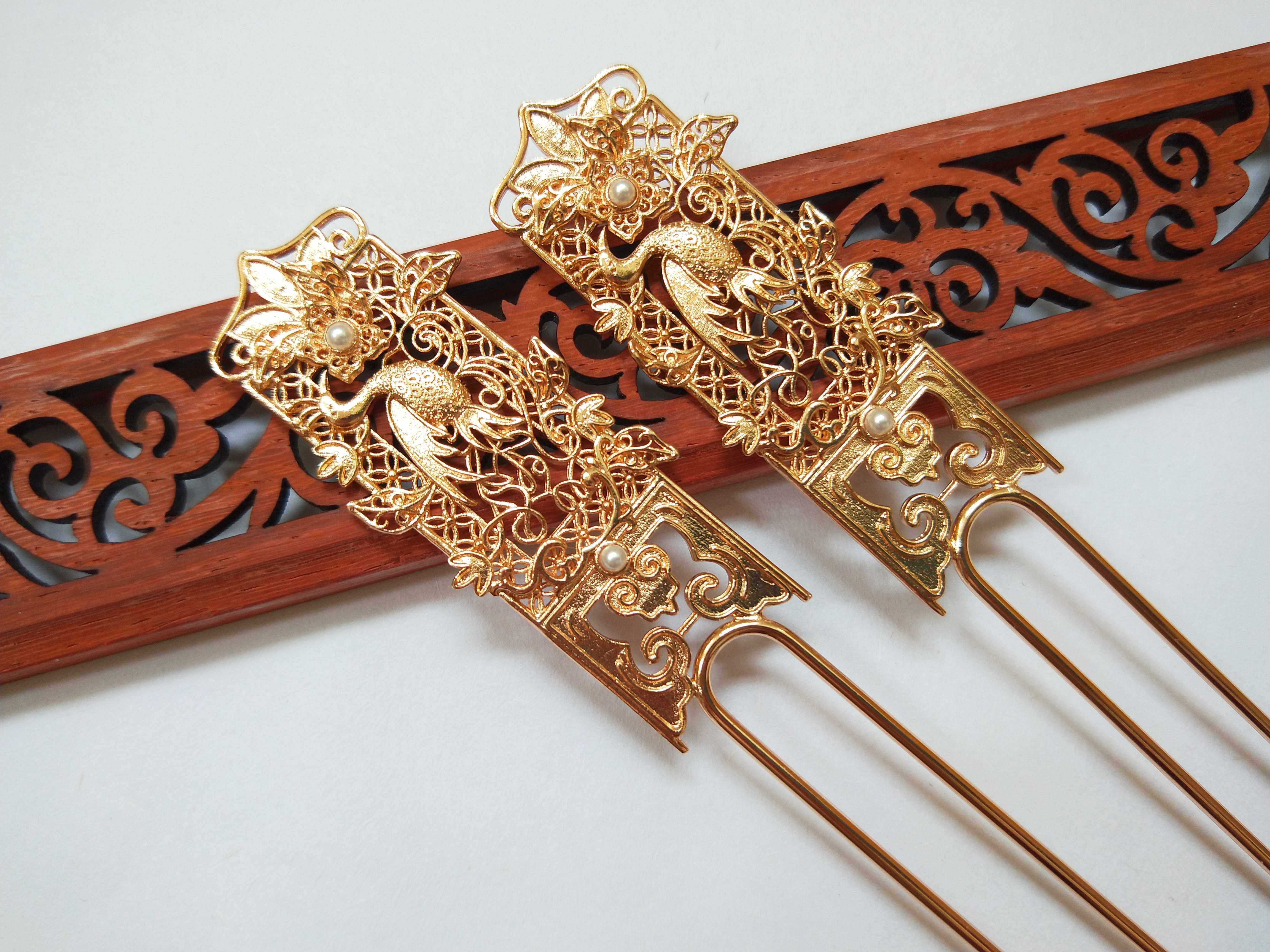 汉服明制配饰轩窗发发簪文物錾刻花丝唐风仙鹤发饰