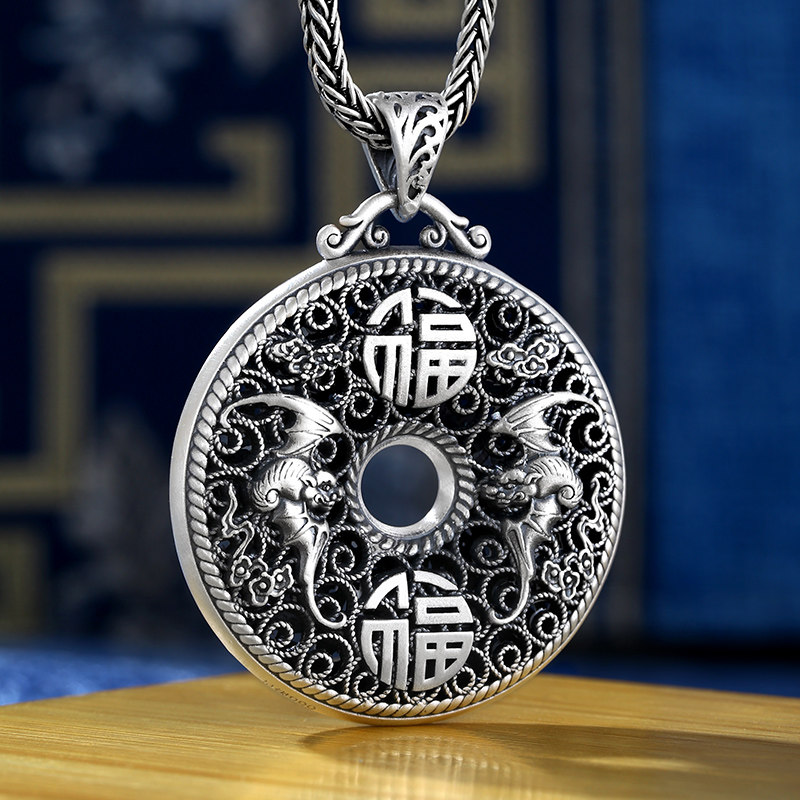 足银天官赐福蝙蝠葫芦福字掐丝吊坠纯银男女项坠