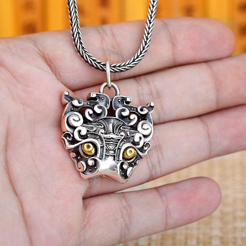 潮男饕餮吊坠纯银男士个性银饰远古神兽霸气项坠