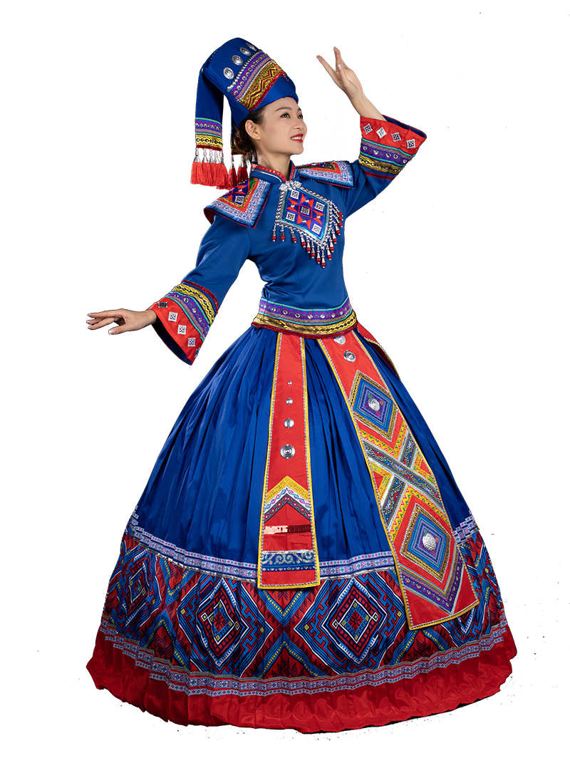 晴焱定制 夏上新 民族风 壮族服饰 刘三姐舞台套装 蓝色系