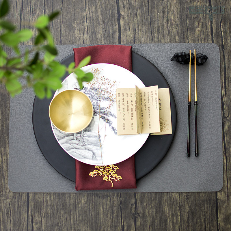 新中式山水厚餐亚麻铜碗餐盘骨瓷松树水墨套装盘