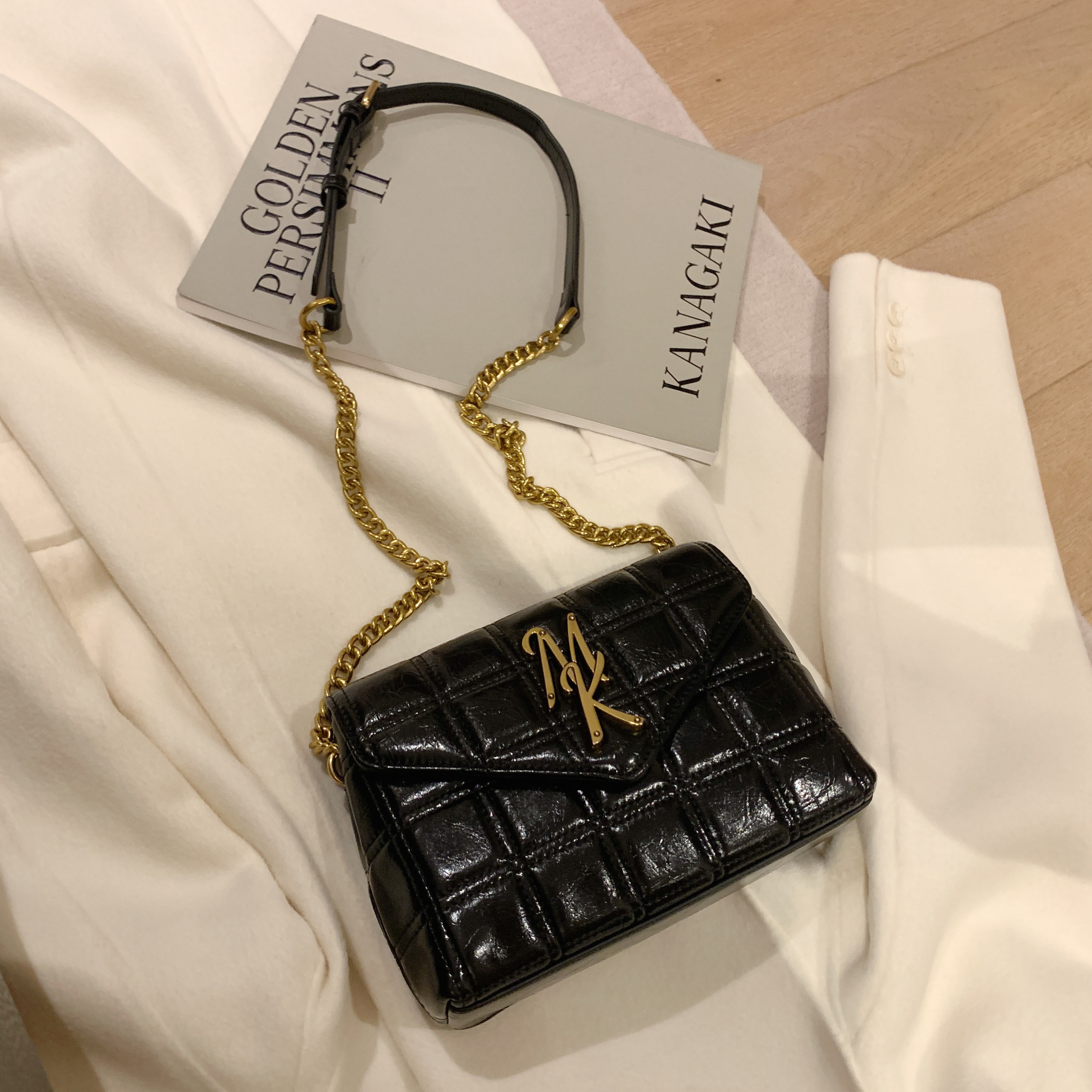 法国miocra koly 小mk黑色沙漏链条包2020新款潮菱格包包女斜挎包