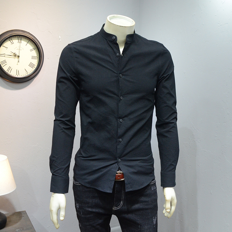 纯棉立领暗纹长袖衬衫男2020秋季新款打底衫韩版修身纯色黑色衬衣
