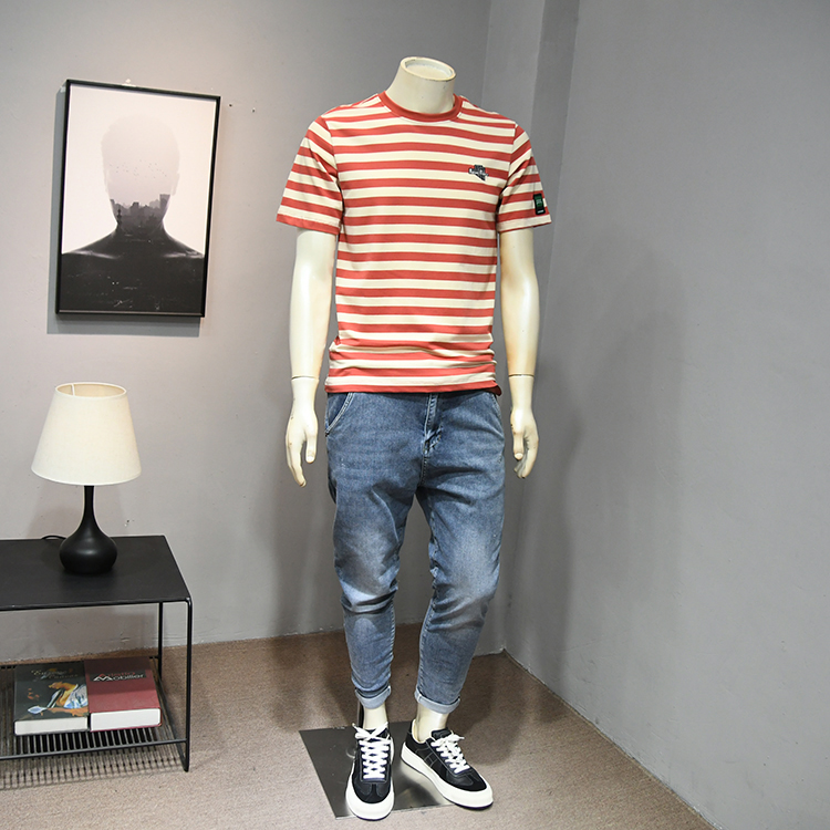 左胸刺绣条纹圆领短袖T恤男夏季海魂衫2022年新款韩版休闲体恤衫