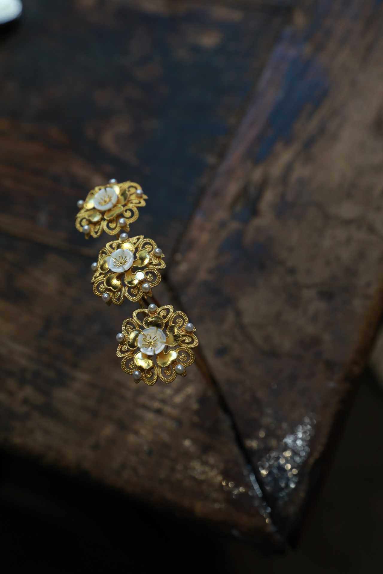 狄髻钿儿发簪排簪花钿古法纯银镀金古风发饰发饰