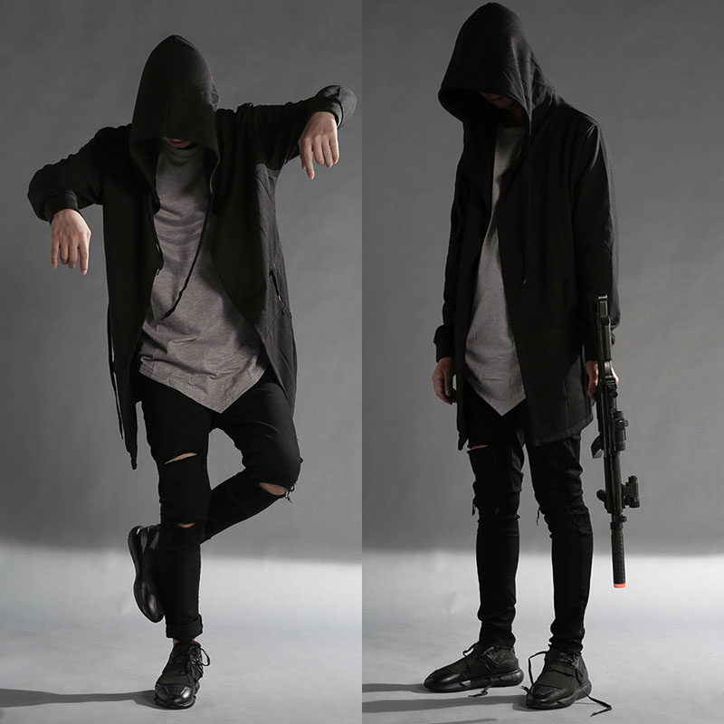 春秋暗黑男装风衣青少年开衫中长款大衣披风男士斗篷连帽黑色外套