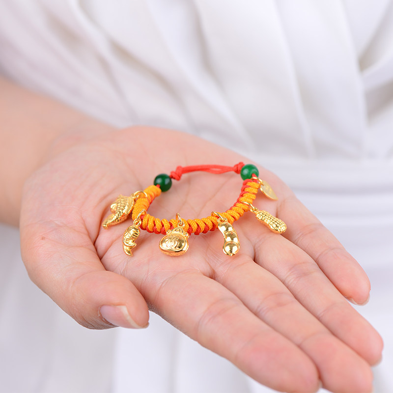 老庙黄金宝金宝宝满月足金五福齐聚红绳儿童手链手饰