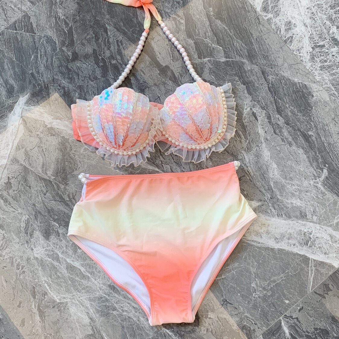 美人鱼bra人鱼亮片胸衣自由比基尼海洋馆演出服电音分体泳衣