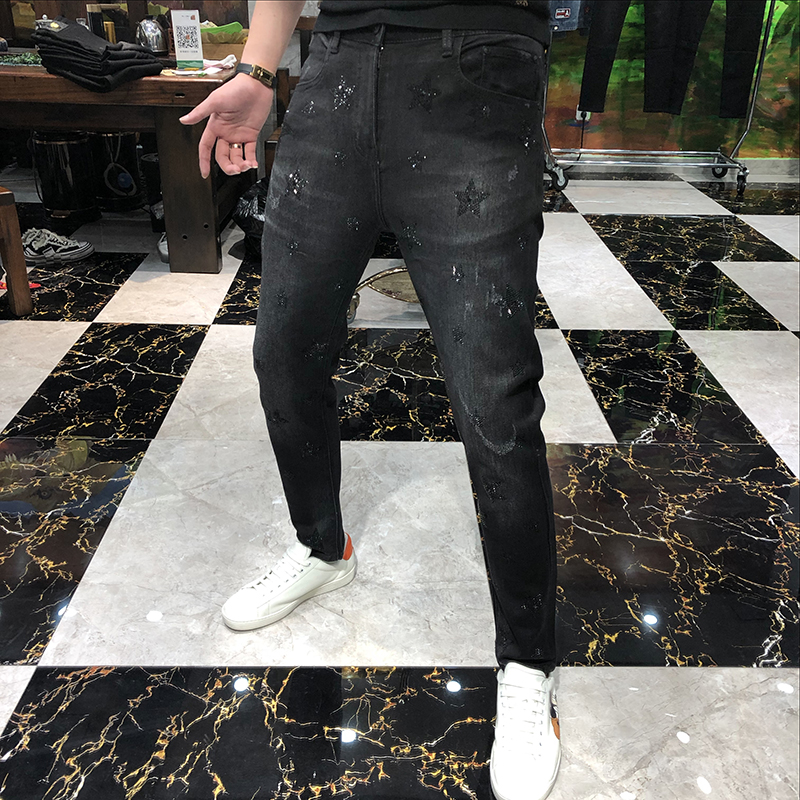 欧货男士牛仔裤2020秋冬新款潮牌五角星烫钻潮流修身弹力小脚裤男