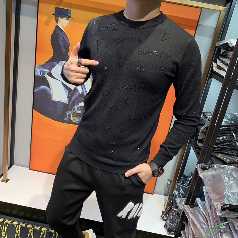 毛衣男秋冬加厚新款个性潮流韩版字母烫钻圆领修身针织羊毛衫男潮