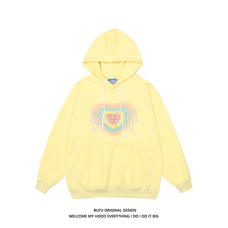 亿万少年国潮烫钻奶黄色连帽卫衣男女秋冬情侣装小众甜系加绒帽衫
