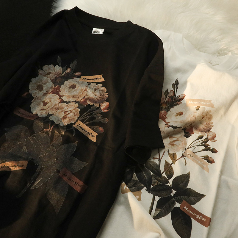 治愈星球 春夏新款美式复古植物花卉短袖T恤男女高级感情侣上衣潮