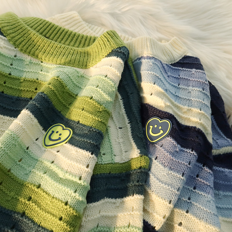 治愈星球 复古慵懒风笑脸条纹毛衣男宽松日系休闲情侣针织衫外穿