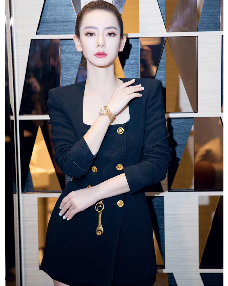 沈梦辰戚薇明星同款双排扣西装连衣裙方领收腰显瘦气质宴会晚礼服