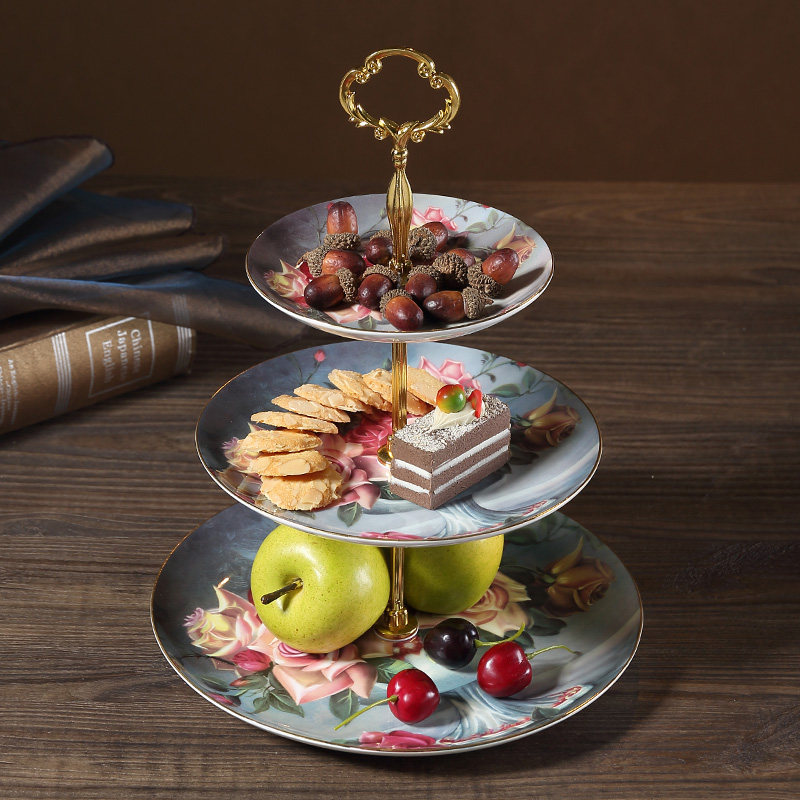 古典玫瑰欧式下午茶三层点心客厅奢华骨瓷蛋糕果盆