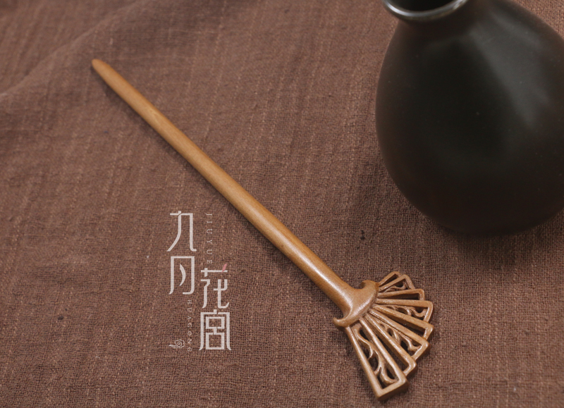 古风古代发簪流苏桃木扇形簪子 木质步摇盘发头饰 古典古装发饰钗