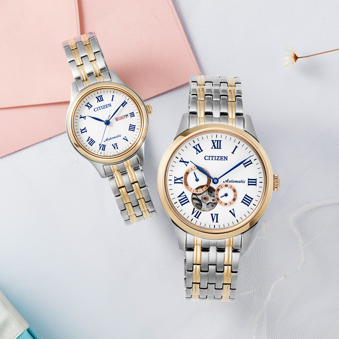 西铁城日本官方正品复古玫瑰金镂空机械情侣表np1026/pd7131-83a