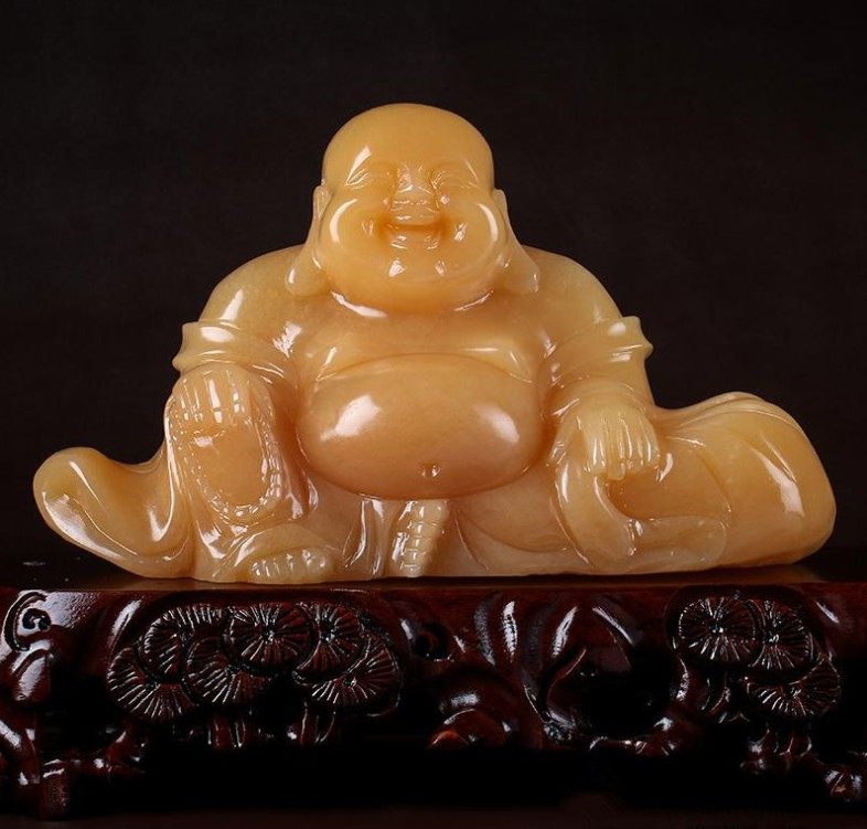摆件玉器工艺品天然米黄玉佛黄鱼玉石精雕弥勒摆件