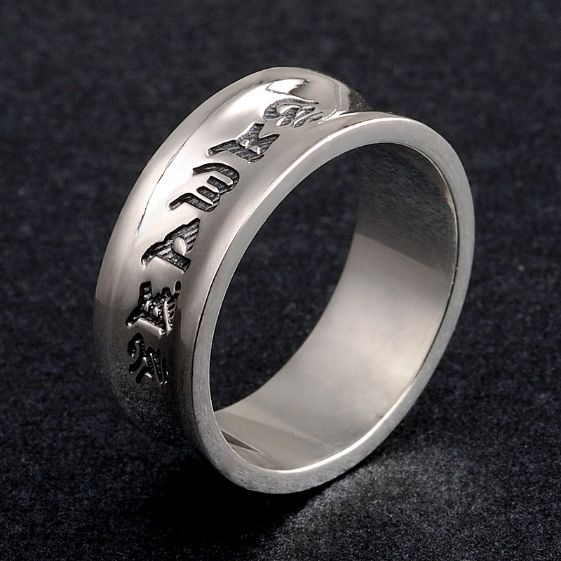 芭丽娜足银六字真言戒指梵文霸气男士戒指日韩时尚男女银饰品个性