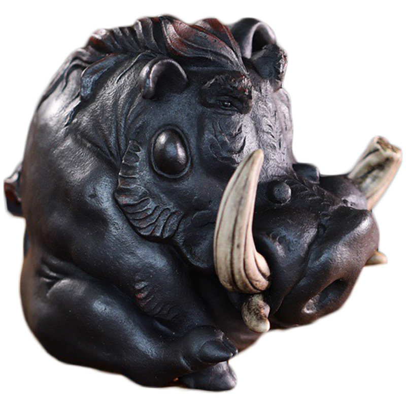 宜兴原矿黑金刚金刚砂纯全手工紫砂雕塑野猪故事茶宠摆件