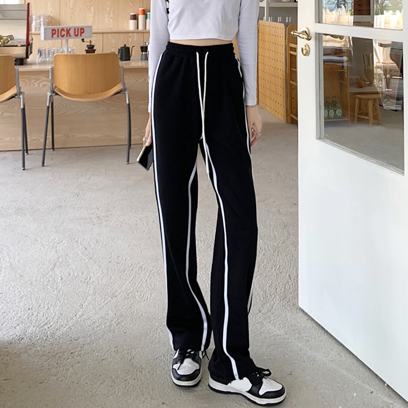 黑色条纹运动裤女春季秋高腰显瘦阔腿裤2022新款宽松直筒休闲裤子
