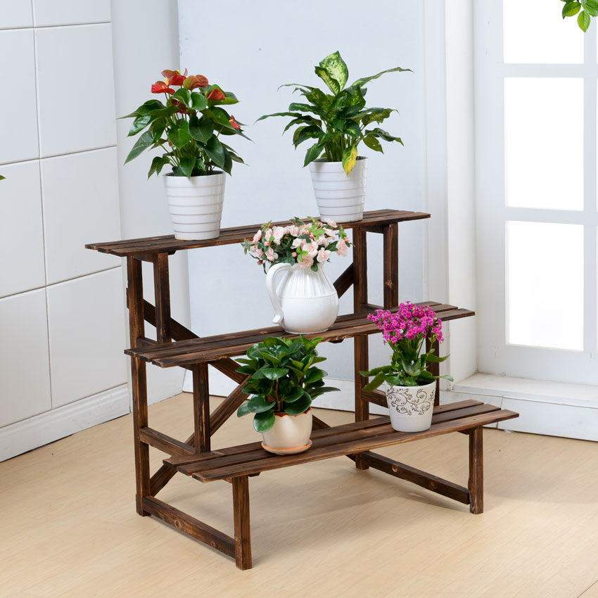 碳化防腐木花架多肉阳台花架实木制阶梯花盆架三层户外多层置物架