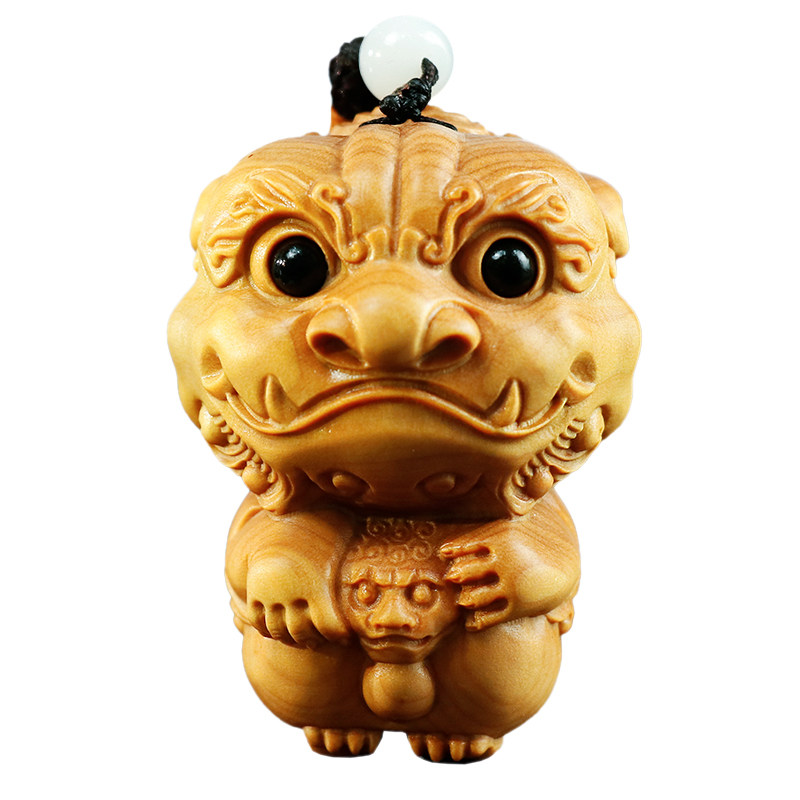 黄杨木家居饰品吊坠手把手工艺品狮子纳福瑞兽雕刻杨木木雕