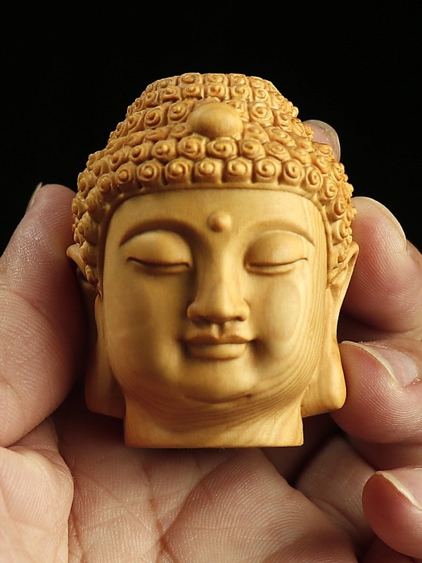 黄杨木雕刻如来释迦佛头手把件文玩