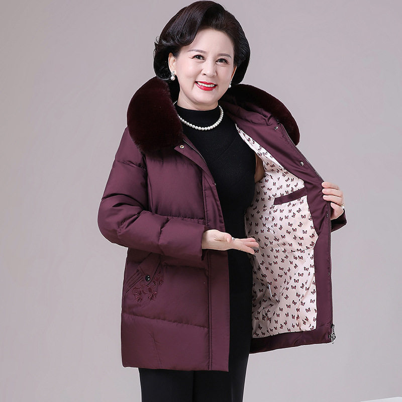 胖妈毛领外套连帽中老年加大加肥羽绒服妈妈鸭绒中老年女装