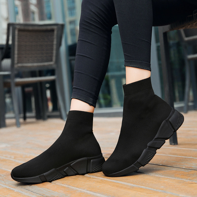 弹力纯黑色一脚蹬袜子鞋女冬季加绒平底女鞋百搭高帮袜鞋韩版潮鞋
