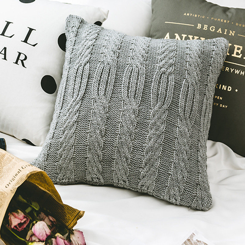 灰色毛线针织抱枕北欧ins简约沙发床上靠垫装饰腰枕方搭枕办公室