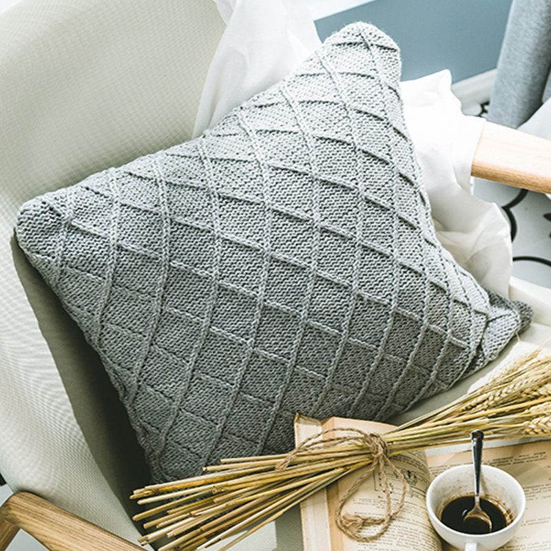 灰色毛线针织抱枕北欧ins简约沙发床上靠垫装饰腰枕方搭枕办公室