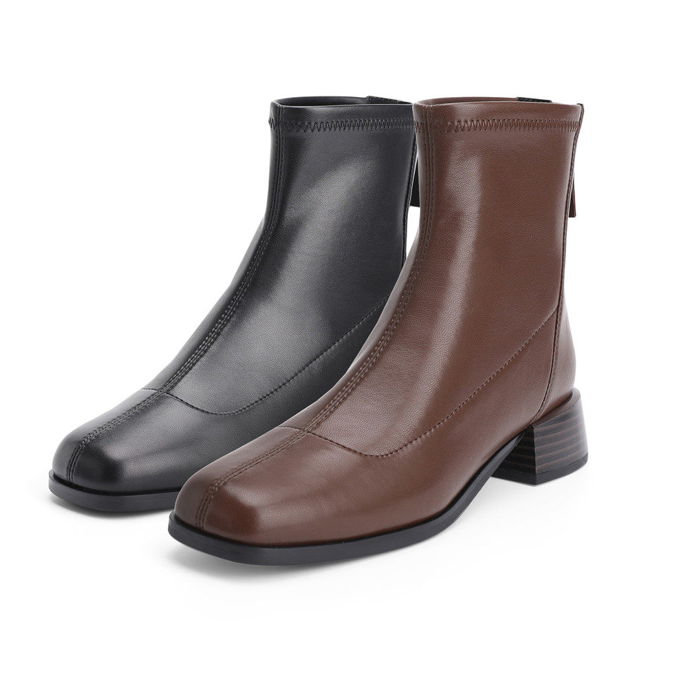 森达女鞋英伦粗中跟短靴弹力瘦瘦靴