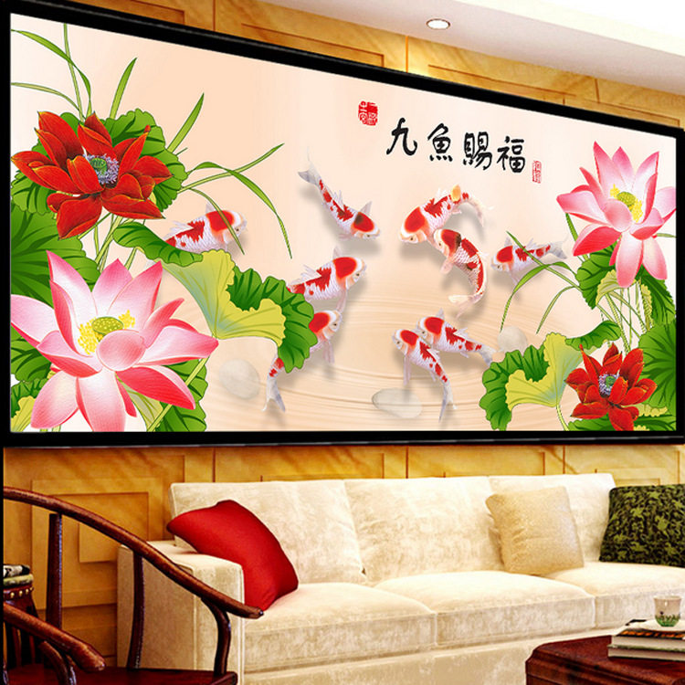 九鱼客厅满绣印花中国国风赐福十字绣套件十字绣套件