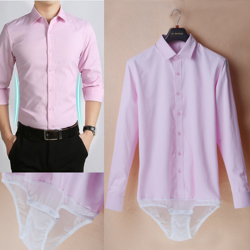 衬衣加绒粉色男士带裆长袖连体新郎结婚伴郎衬衫