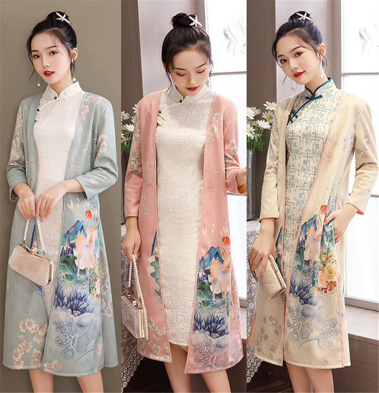 鹿皮旗袍外披外搭风衣外套女年年轻款中国风旗袍